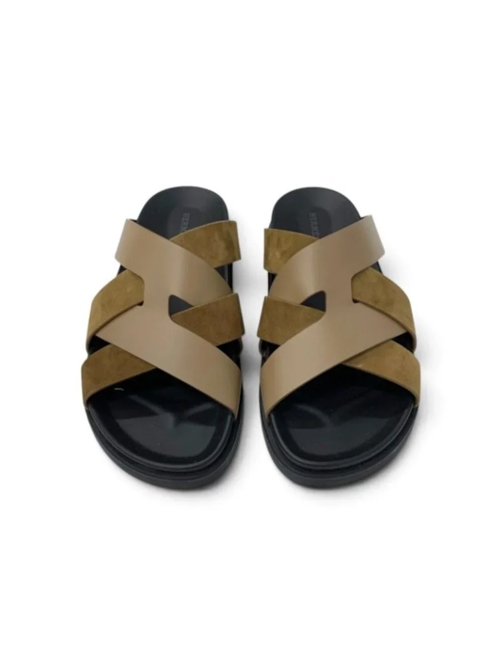 Hermes Casimir Sandals Shoes Leather Suede Brown Black Flat
